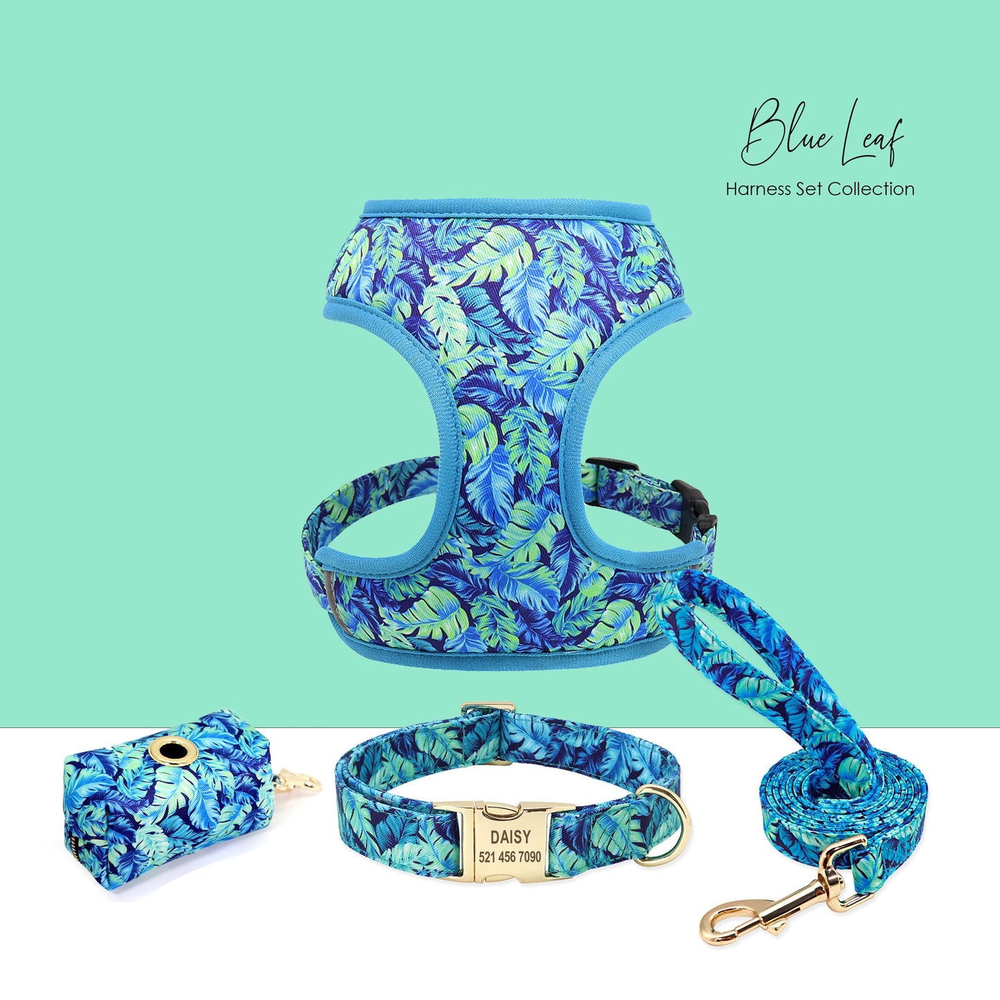Personalised Dog Collar in Blue and Elegant Leaf Pattern, Trendy Style for All Seasons