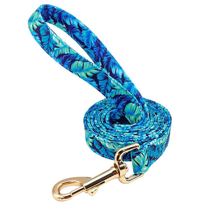 Personalised Dog Collar in Blue and Elegant Leaf Pattern, Trendy Style for All Seasons