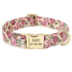 Personalized Engraved Handmade Dog Collar in Beige and Gorgeous Floral Pattern, Trendy Style for All Seasons