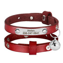 Personalized Engraved Handmade Genuine Leather Cat and Puppy Collar in Black, Green, Red, Yellow, Pink, Brown and Solid Pattern with Bell