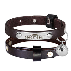 Personalized Engraved Handmade Genuine Leather Cat and Puppy Collar in Black, Green, Red, Yellow, Pink, Brown and Solid Pattern with Bell