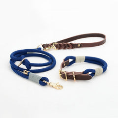 Vivid Collar and P Rope Leash in Blue-Green, Blue, Grey, Red, Green, Aqua Blue, Yellow and Solid Pattern with Leather, Great For All Seasons