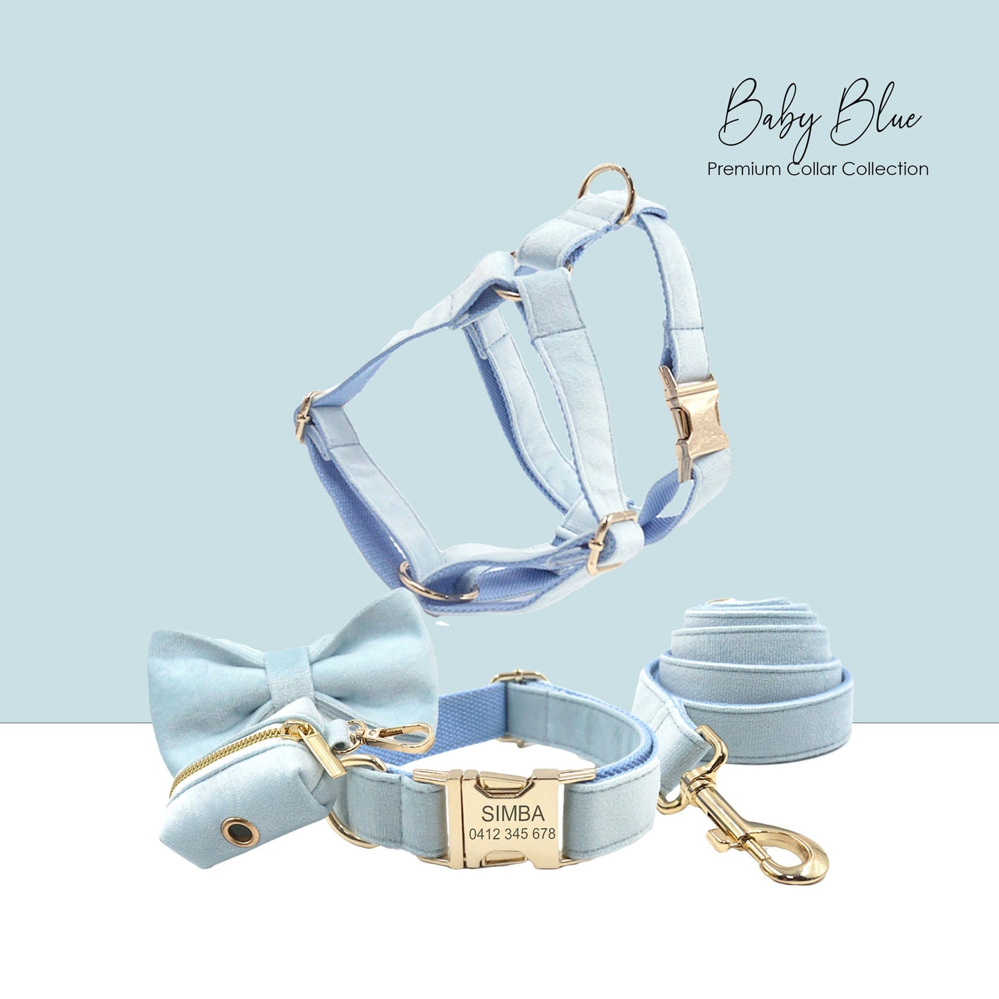 Custom Baby Blue Velvet Personalised Dog Collar, Matching Dog Bowtie, Dog Leash, Dog Harness and Dog Poop Bag