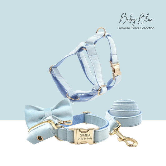 Custom Baby Blue Velvet Personalised Dog Collar, Matching Dog Bowtie, Dog Leash, Dog Harness and Dog Poop Bag
