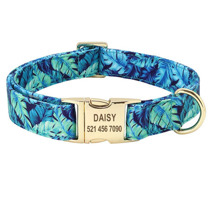 Personalised Dog Collar in Blue and Elegant Leaf Pattern, Trendy Style for All Seasons