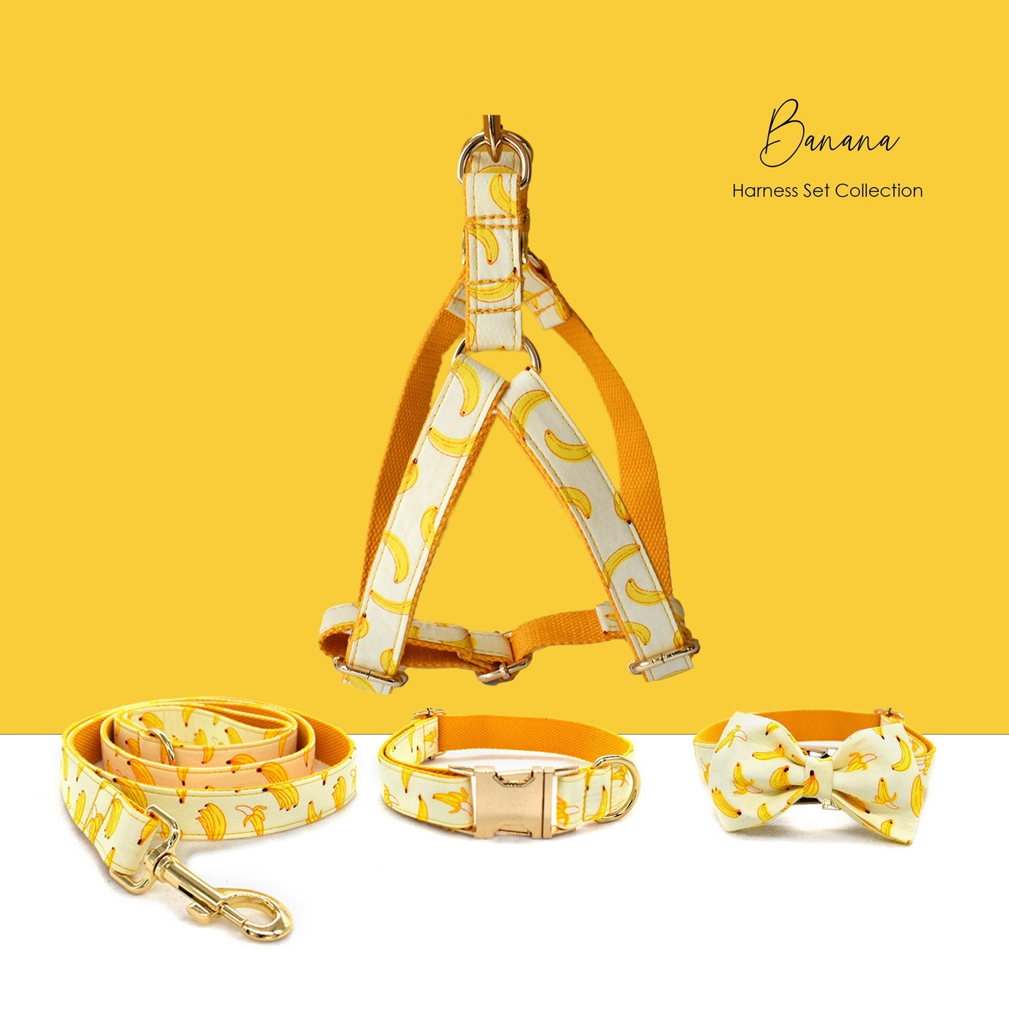 Personalised Dog Collar with matching Bowtie, Leash and Step in Harness in Yellow Banana Pattern, Trendy for All Occasions