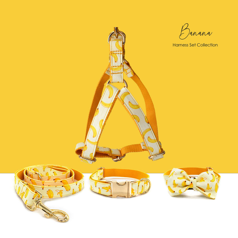 Personalized Engraved Handmade Dog Collar with matching Bowtie, Leash and Step in Harness in Yellow Banana Pattern, Trendy for All Occasions