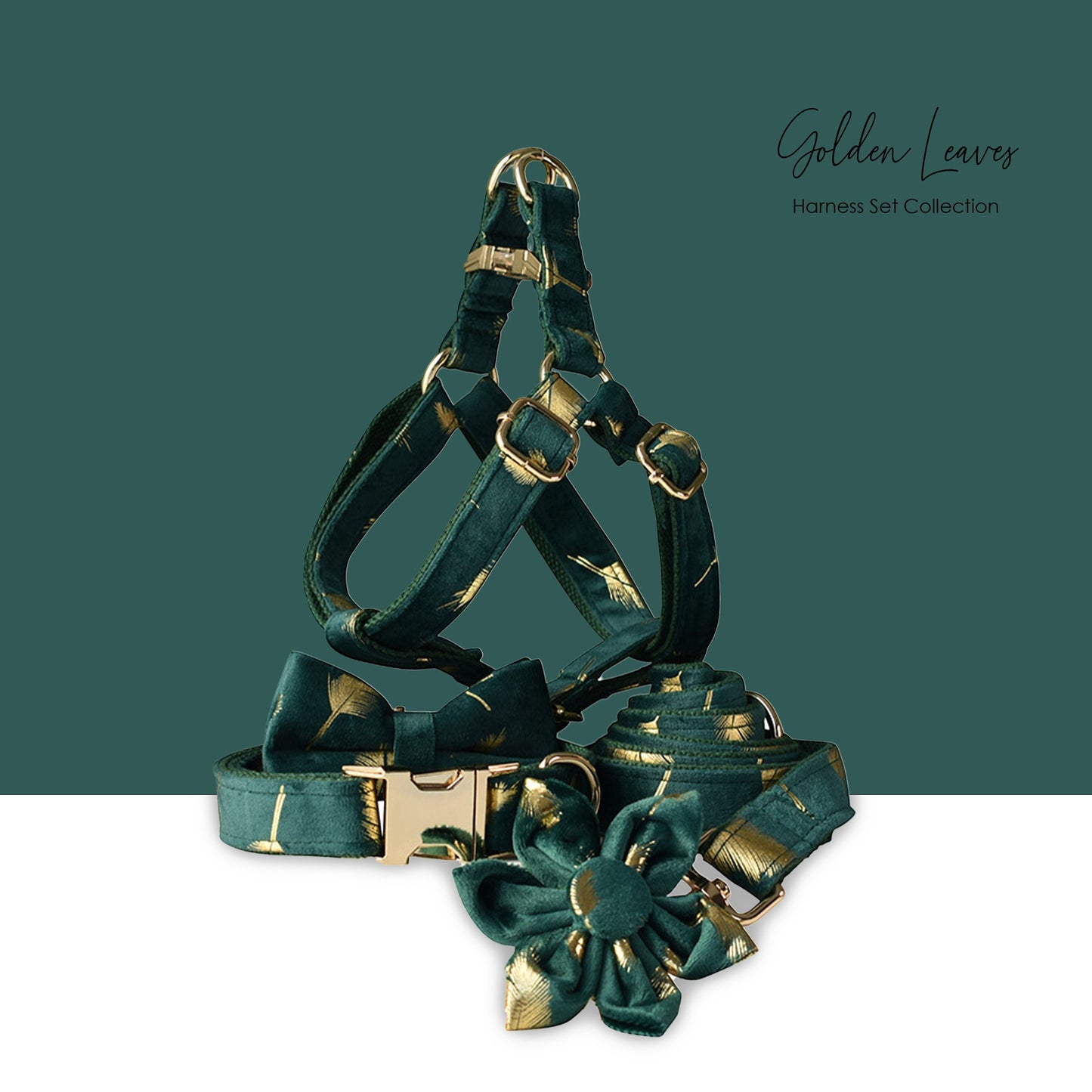 Personalised Dog Collar with Matching Harness and Leash Set in Emerald Green and Golden Leaves Pattern, Great for all Occasions