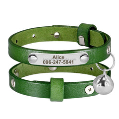 Personalized Engraved Handmade Genuine Leather Cat and Puppy Collar in Black, Green, Red, Yellow, Pink, Brown and Solid Pattern with Bell