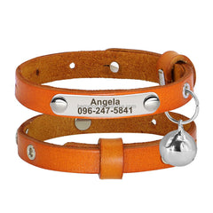 Personalized Engraved Handmade Genuine Leather Cat and Puppy Collar in Black, Green, Red, Yellow, Pink, Brown and Solid Pattern with Bell