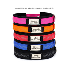 Personalized Engraved Handmade Dog Collar in Black, Red, Blue, Rose Red, Orange and Solid and Reflective Dash Pattern Trendy for All Seasons