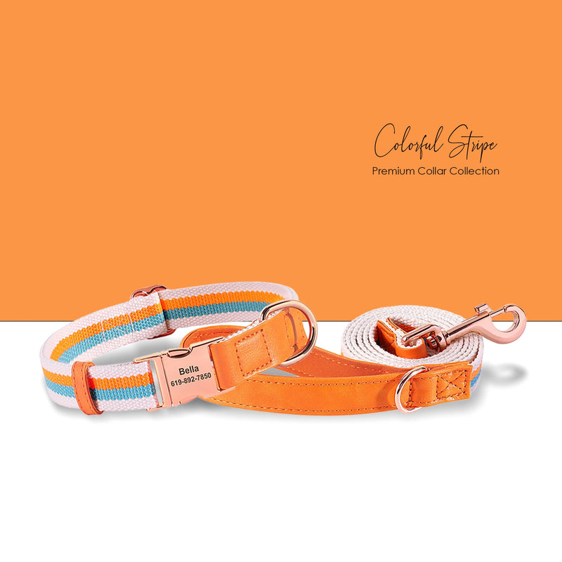 Personalized Engraved Handmade Nylon Leather Dog Collar and Leash Set in Blue, Pink, Green and Colorful Stripe Pattern