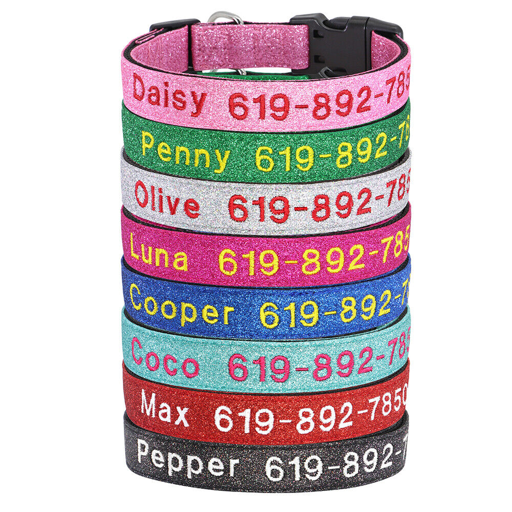 Personalised Dog Collar Nylon Adjustable Embroidered Sparkle Pet Accessories