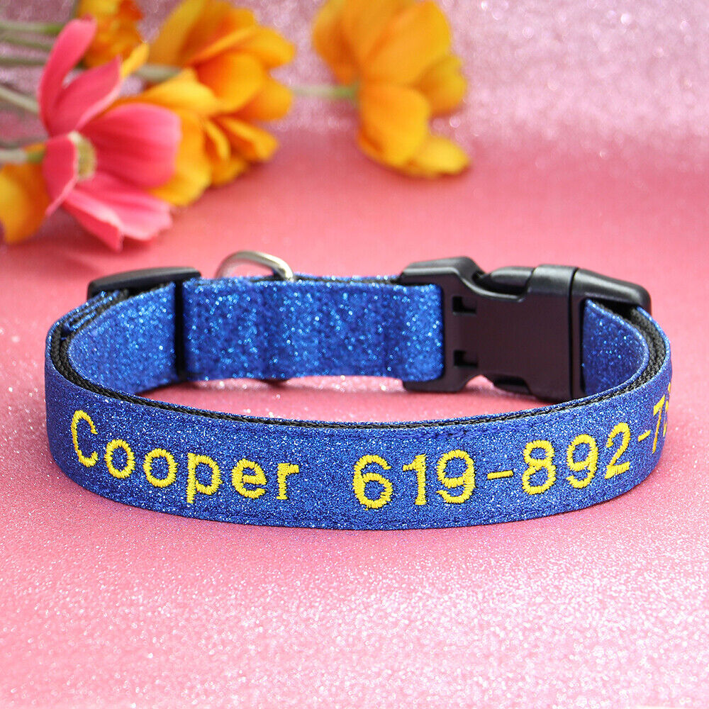 Personalised Dog Collar Nylon Adjustable Embroidered Sparkle Pet Accessories