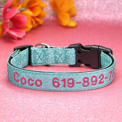 Personalised Dog Collar Nylon Adjustable Embroidered Sparkle Pet Accessories