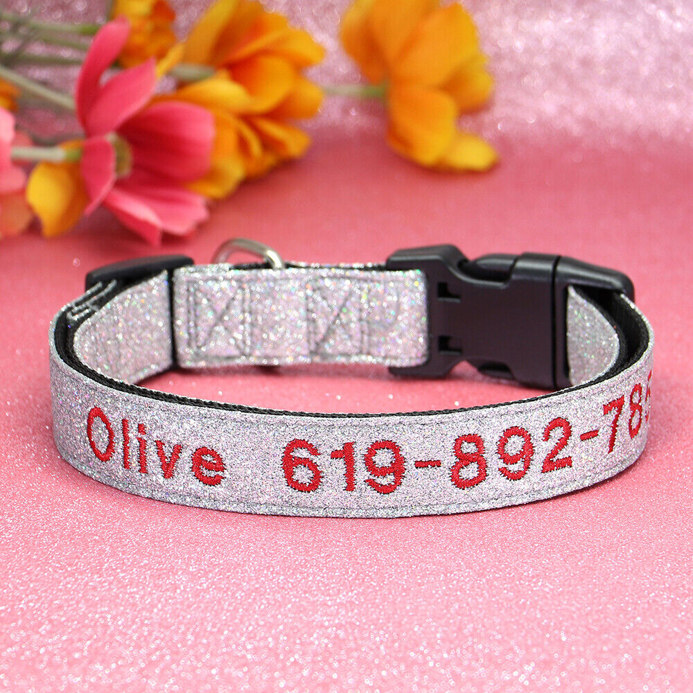 Personalised Dog Collar Nylon Adjustable Embroidered Sparkle Pet Accessories