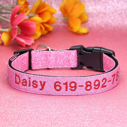 Personalised Dog Collar Nylon Adjustable Embroidered Sparkle Pet Accessories