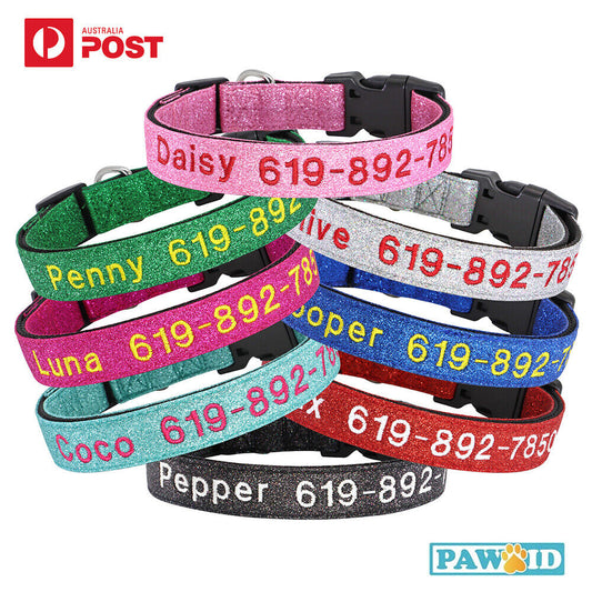 Personalised Dog Collar Nylon Adjustable Embroidered Sparkle Pet Accessories