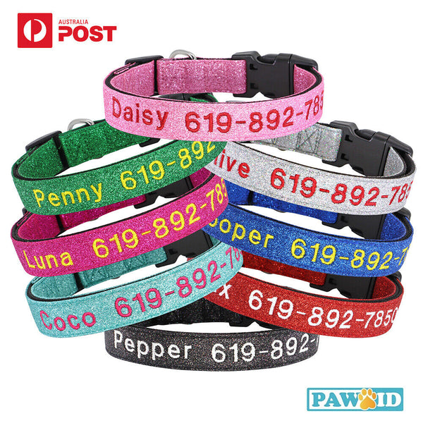 Personalised Dog Collar Nylon Adjustable Embroidered Sparkle Pet Accessories